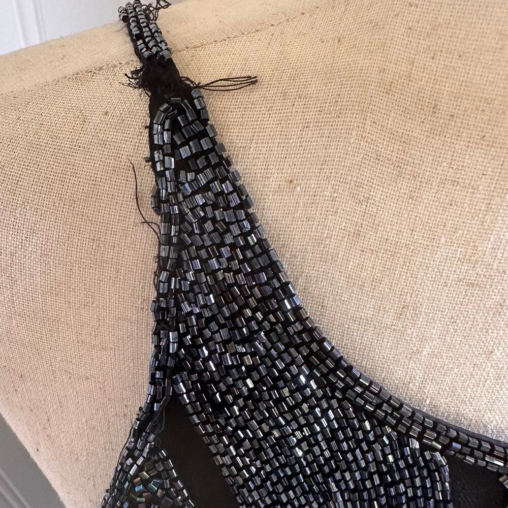 Vintage 90s/Y2K Black Silk Beaded Midi Dress M - Picture 6 of 9